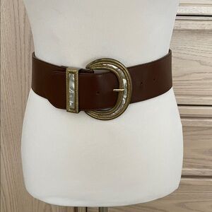 Vintage Express Brown Leather Belt Gold Double Ring Buckle